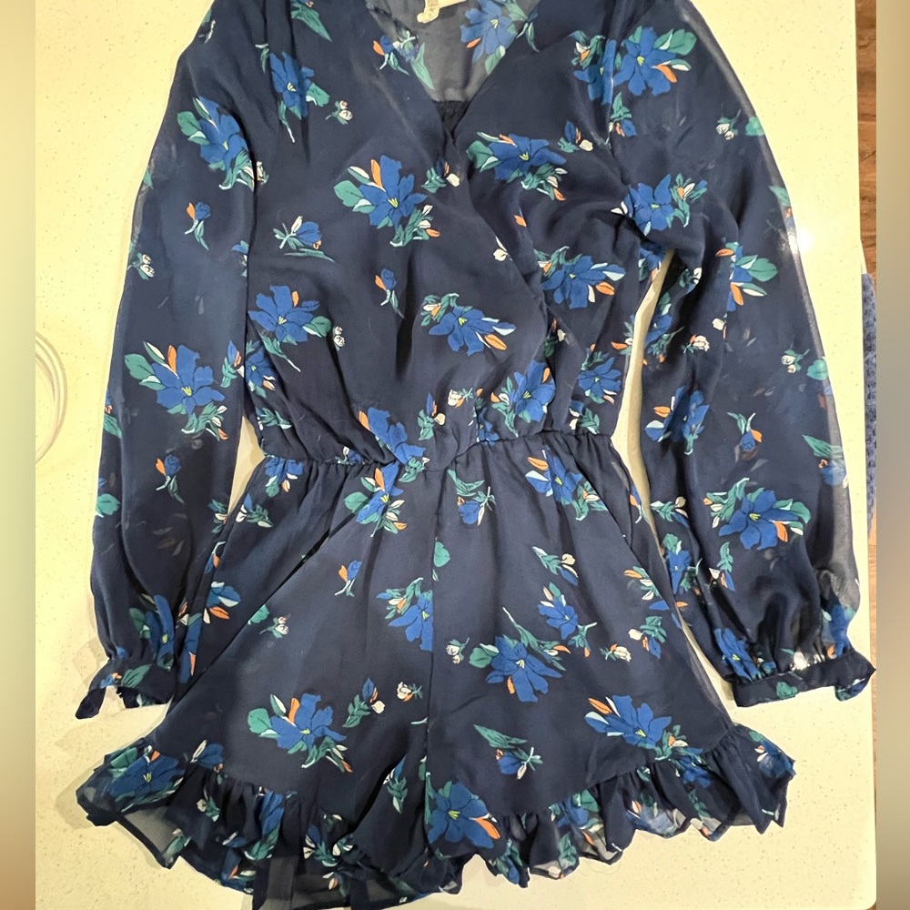 Navy Blue Floral Romper w/ Sleeves